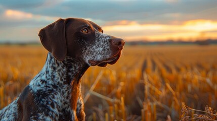 Close-up Portrait of a German Shorthaired Pointer Dog in Golden Hour Sunlight on a Countryside Field