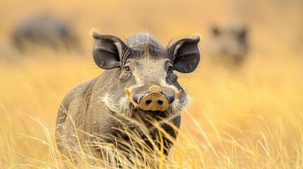 Close-up Portrait of a Warthog in Natural Habitat with Dry Tall Grass and Soft Focus Background