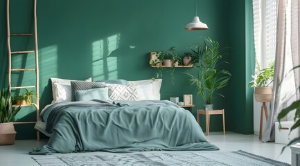 Bed between ladder and plant in green boho bedroom interior with grey carpet under lamps