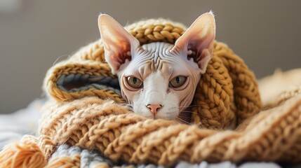 Adorable Hairless Sphinx Cat Wrapped in Cozy Knitted Blanket with Whiskers and Eyes in Focus - Powered by Adobe