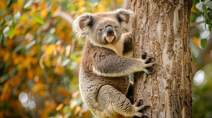 Adorable Koala Clinging to a Tree in a Lush Australian Forest with Vibrant Green Leaves Background - Powered by Adobe