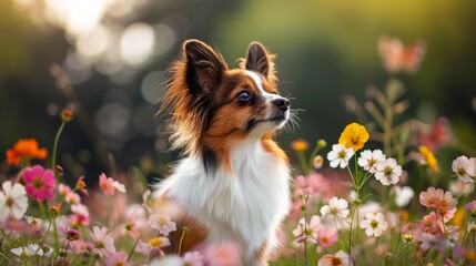 Adorable Papillon Dog Sitting Among Blooming Flowers in a Sunlit Meadow during Golden Hour