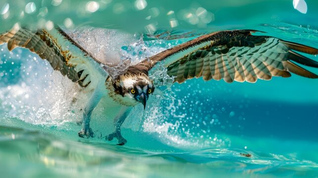 Majestic Osprey in Flight Catching Fish in Turquoise Sea Waters with Dynamic Splash and Sunlight