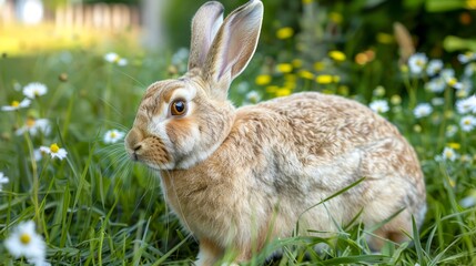 Wild Brown Rabbit Sitting Amongst White Flowers in a Vibrant Green Meadow During Spring Season - Powered by Adobe