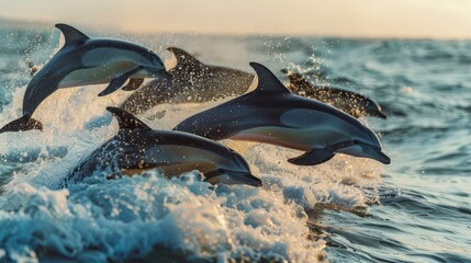 Energetic Pod of Dolphins Leaping Joyfully Above Ocean Waves at Sunset, Symbolizing Freedom and Grace in Marine Life