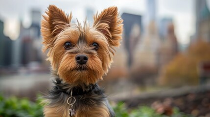 Adorable Yorkshire Terrier Dog with Cityscape in Background, Portrait of Cute Small Yorkie in Urban Environment, Pet Photography