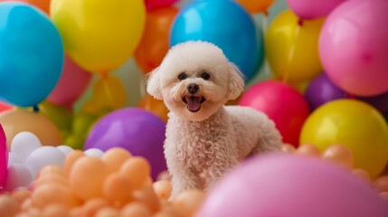 Adorable White Poodle Enjoying a Festive Birthday Party Atmosphere with Colorful Balloons Background