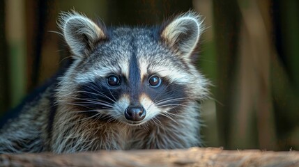 Fototapeta premium Close-up Portrait of a Curious Raccoon Peeking from Behind Natural Wooden Barrier in Woodland Environment