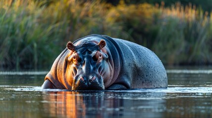 Majestic Hippopotamus Emerging in Calm Waters at Sunset with Vibrant Nature Background