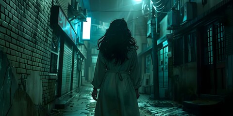 The concept of a thriller movie: A woman flees down a dark city street viewed from behind. Concept Thriller Movie, Woman on the Run, Dark City Street, Suspenseful Scene, Mysterious Atmosphere - obrazy, fototapety, plakaty