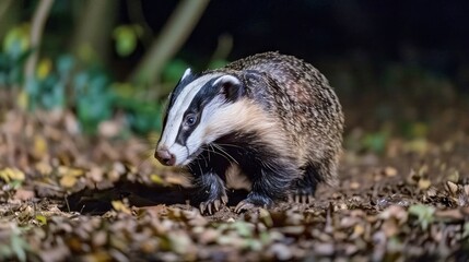 European Badger (Meles meles) in Natural Habitat During Twilight Walking on Forest Floor with Autumn Leaves