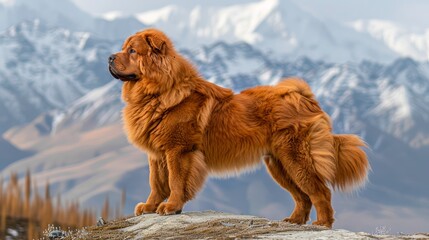 Majestic Tibetan Mastiff Dog Standing on a Rocky Hill with Snow-Capped Mountain Range Background in Natural Light - Powered by Adobe