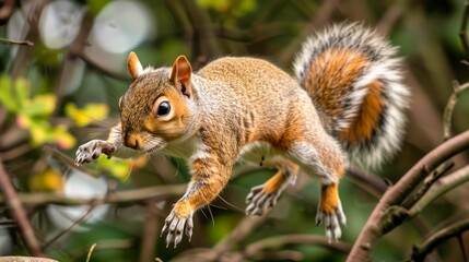 Agile Eastern Gray Squirrel Leaping Among Vibrant Autumn Foliage in Natural Woodland Setting