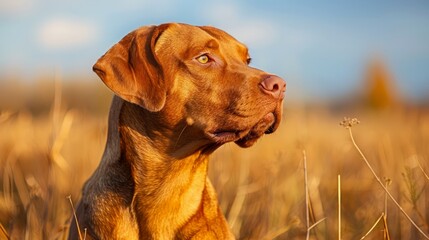 Serene Golden Hour Portrait of a Vizsla Dog Gazing into Distance in Natural Outdoor Setting