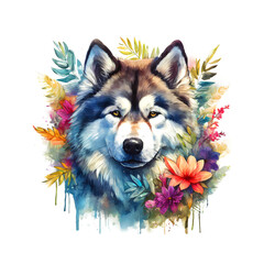 Alaskan Malamute dog head and Flowers for Sublimation Printing on clean background. Pet. Animals. Illustration, Generative AI.