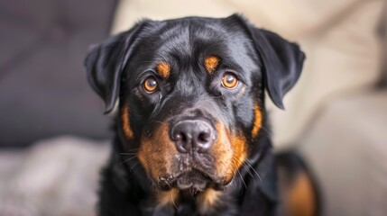 Obraz premium Portrait of a Majestic Rottweiler Dog with Soulful Eyes on a Soft Background
