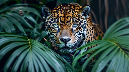 Intense Stare of a Jaguar Hidden Amongst Lush Green Tropical Foliage, Majestic Wild Cat Camouflage in Nature, Wildlife Conservation Theme
