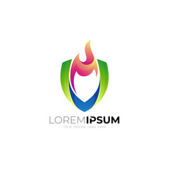 Shield logo and fire design colorful, flame logos, security