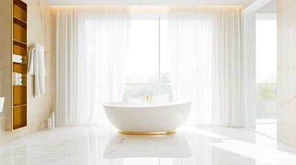 Fototapeta na wymiar A pristine, sunlit bathroom with a white freestanding bathtub and golden accents. Marble floors and sheer curtains.