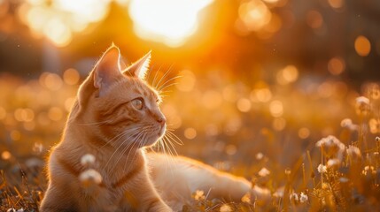 Serene Domestic Cat Relaxing in Golden Sunset Light Among Spring Meadow Flowers