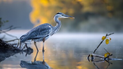 Majestic Grey Heron Standing on a Misty Lake Shore at Dawn with Soft Light and Serene Water Background, Wildlife Scene
