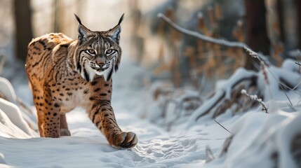 Obraz premium Majestic Eurasian Lynx Walking in Snow-Covered Forest with Sunlight Filtering Through Trees
