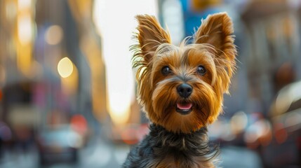 Small Cute Yorkshire Terrier Dog with Shiny Coat on Urban Background with Blurry Lights