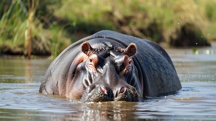 Adult Hippopotamus With Young Calf Swimming in Serene River Waters Amongst Lush Greenery