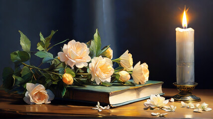 Obraz na płótnie Canvas Beautiful white roses with candle on wooden table on a gray background