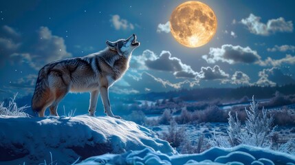 Majestic Wolf Howling Under Full Moon in Winter Night Landscape with Snow and Stars