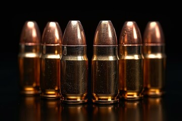 A row of six bullets are lined up on a table