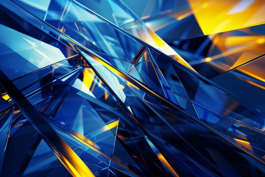A blue and yellow abstract image with a lot of glass pieces