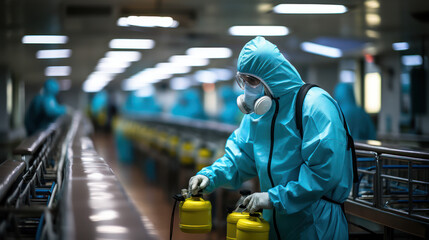 A person in protective gear performing sanitization in a well-lit indoor facility, emphasizing health and safety standards.Sanitization Protocol.  - obrazy, fototapety, plakaty