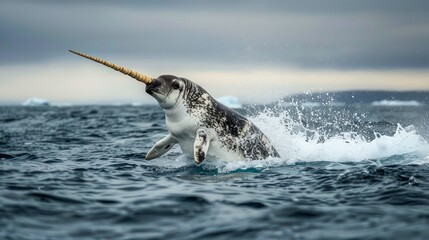 Majestic Narwhal Surfacing In Arctic Waters With Tusk Visible Against A Moody Ocean Background