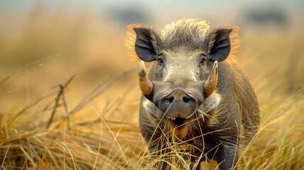 Close-Up Portrait of a Wild Boar in Natural Habitat, Golden Grass Background, Wildlife Photography