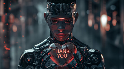 A robot or designed to look like a man holding a heart with the inscription 