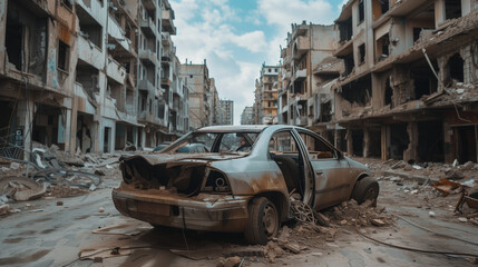 A damaged car sits abandoned in a devastated urban landscape, evidence of conflict or war