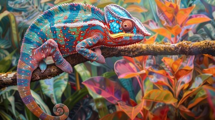 Obraz premium Colorful Chameleon Camouflaged Among Vibrant Tropical Leaves on Tree Branch in Natural Habitat