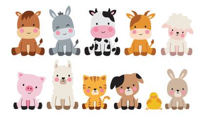 Cute farm animals in a sitting position vector illustration. Set of cute barn animals including a horse, cow, donkey, goat, sheep, pig, llama, cat, dog, chick, and rabbit.