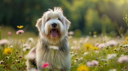 Happy Fluffy Dog Enjoying Nature in Sunlit Flower Field - Adorable Pet with Tongue Out Sitting among Wildflowers