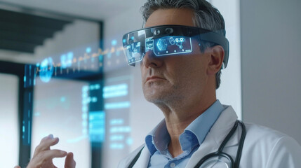 A doctor is wearing augmented reality glasses while performing a patient consultation with a detailed digital overlay of the patients medical history and vital signs.