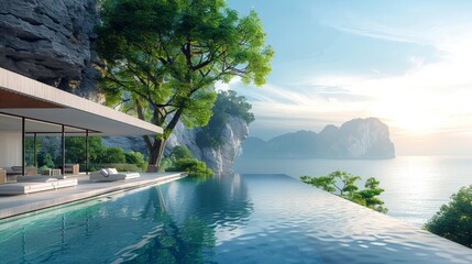 Fototapeta na wymiar Modern infinity pool overlooking a tranquil sea and cliffs