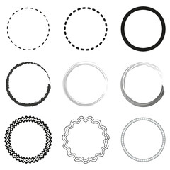 Variety circular frames. Dashed and solid lines. Decorative edges for design. Vector illustration. EPS 10. - obrazy, fototapety, plakaty