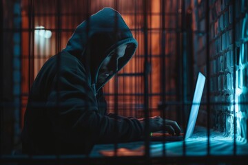 A man is sitting in front of a laptop in a dark room. Prisoner hacker in prison - obrazy, fototapety, plakaty