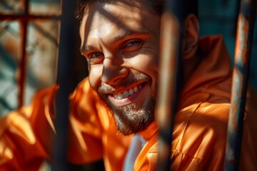 A man with a beard and a smile is wearing an orange jacket - obrazy, fototapety, plakaty