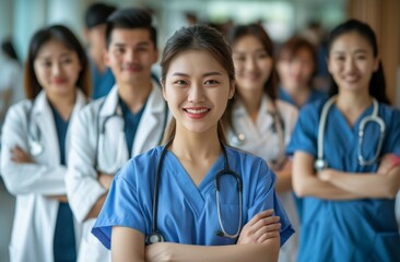 A group of people in blue scrubs are smiling for a photo