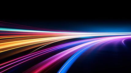 Abstract curve Light Trails, colorful luminous long exposure  motion shape, high speed light streaks effects on black reflection floor background