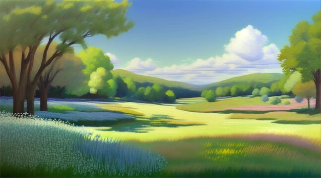 Mountain meadows: A serene landscape with lush green trees, field of colorful flowers and a colorful sunset painting the sky in shades of blue, yellow, and orange, showcasing the beauty of nature