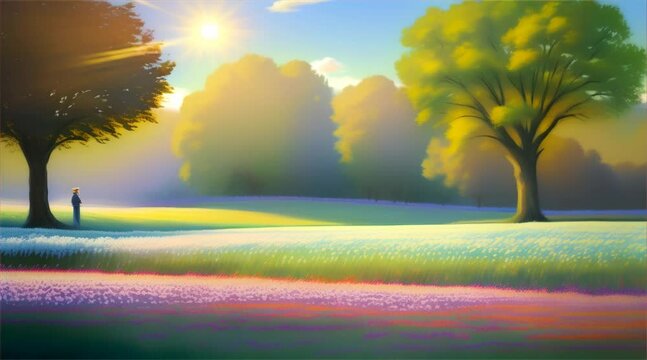 Mountain meadows: A serene landscape with lush green trees, field of colorful flowers and a colorful sunset painting the sky in shades of blue, yellow, and orange, showcasing the beauty of nature