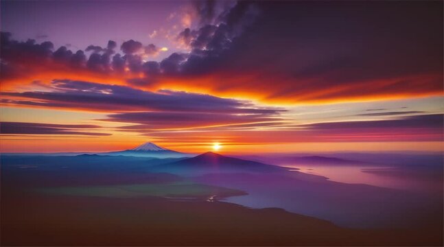 Colorful sky, bright sun sinking over mountains, sea, and lake, painting dramatic sunset landscape with red, orange, blue hues in evening light